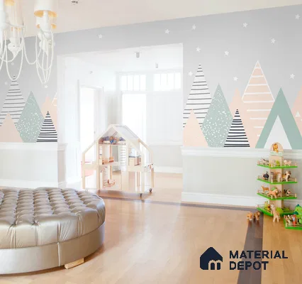 A close-up of a Cute Mountains Wallpaper for Kids Room Sparkla N Shine Series Entertainment Design (Customised Size Wallpaper) with a finish available at Material Depot in Bangalore