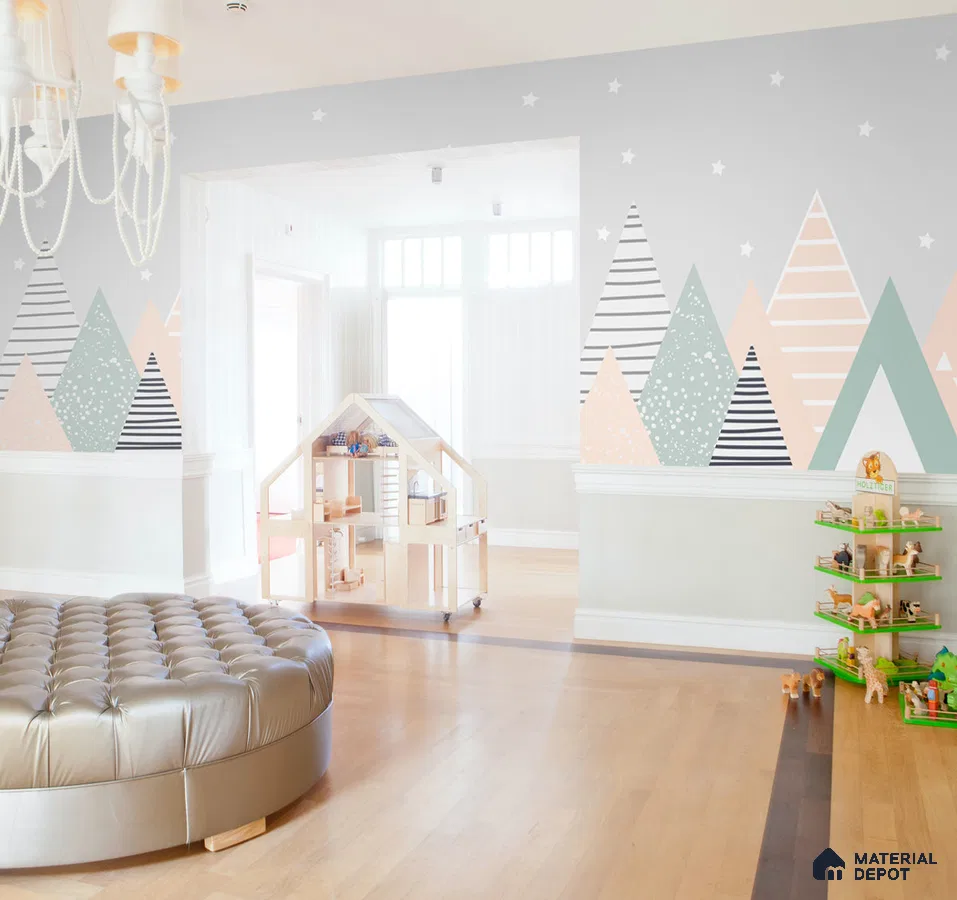 A close-up of a Cute Mountains Wallpaper for Kids Room Sparkla N Shine Series Entertainment Design (Customised Size Wallpaper) with a finish available at Material Depot in Bangalore