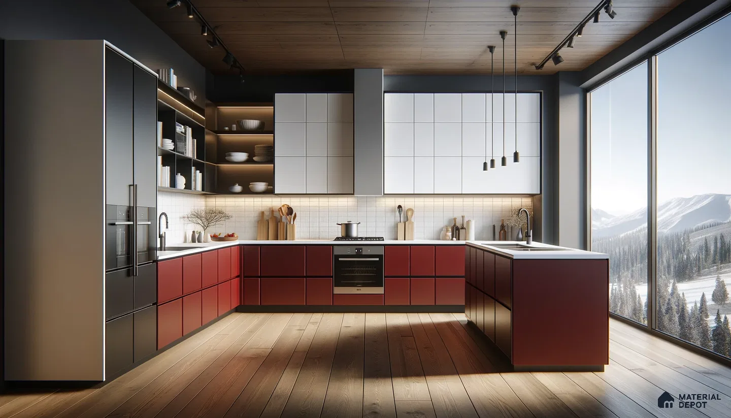 Mountain View Modern Kitchen with Bold Reds and Natural Textures | Material Depot