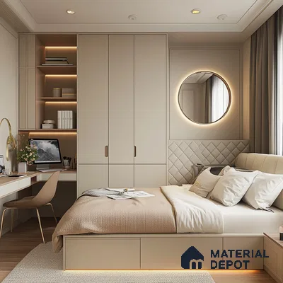 Multifunctional and Stylish Bedroom Design with Built-in Desk and Storage Birla Evara Sarjapur Road | Material Depot