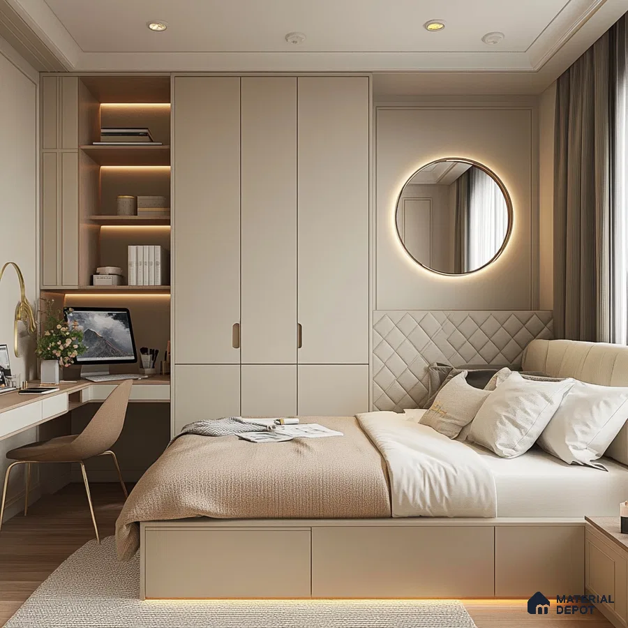 Multifunctional and Stylish Bedroom Design with Built-in Desk and Storage Birla Evara Sarjapur Road | Material Depot