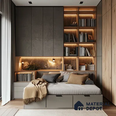 Multifunctional Modern Bedroom Design with Grey Silky Laminate Shriram Chirping Grove Sarjapur Road | Material Depot
