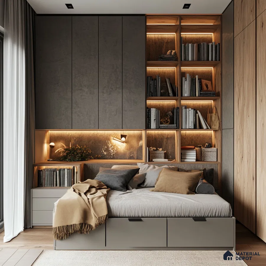 Multifunctional Modern Bedroom Design with Grey Silky Laminate Shriram Chirping Grove Sarjapur Road | Material Depot