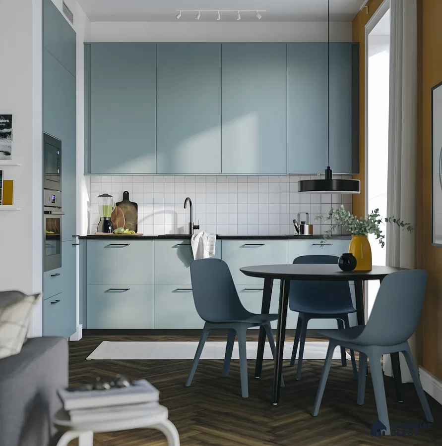 Muted Blue Kitchen With White Grid Backsplash And Mid-Century Dining Set | Material Depot