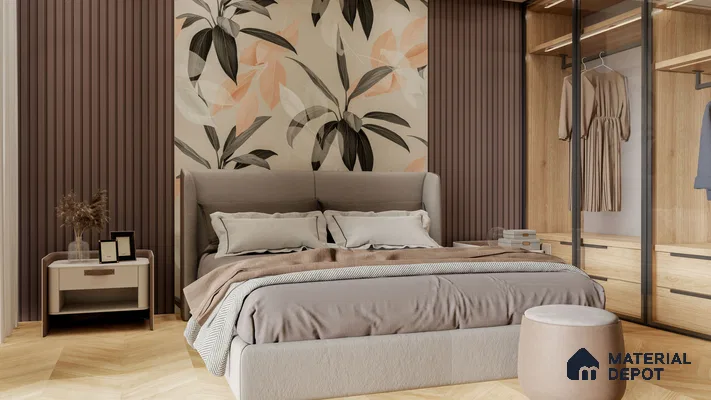 Muted Floral Bedroom with Mauve Fluted Panels and Glass Wardrobe | Material Depot