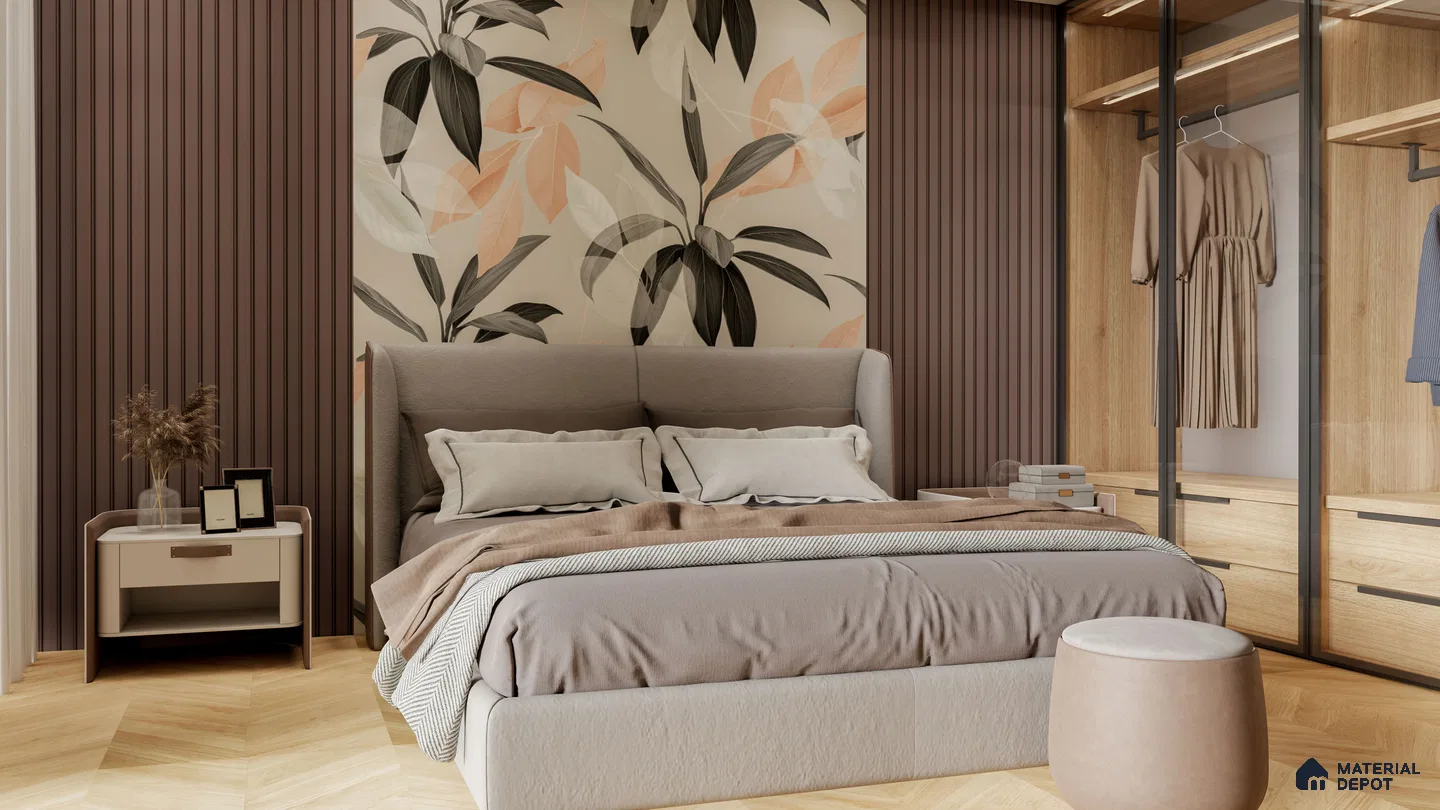 Muted Floral Bedroom with Mauve Fluted Panels and Glass Wardrobe | Material Depot