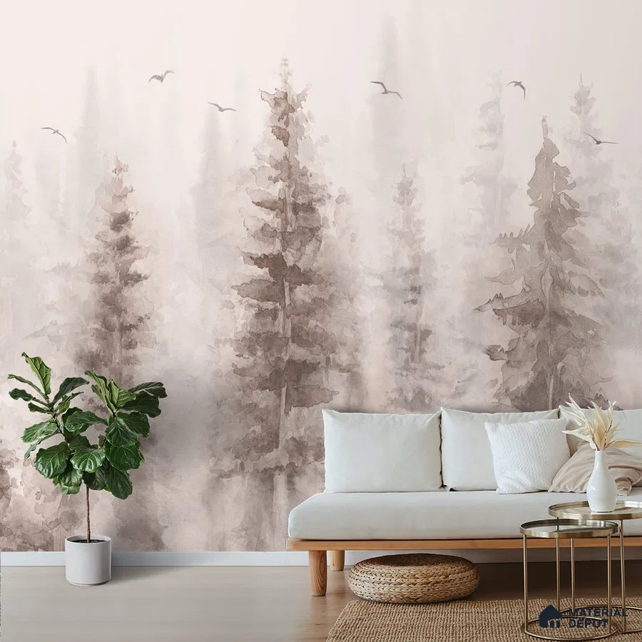 A close-up of a Hazy Forest Background Wallpaper for Walls Indrani Series Soft Feel Tropical Design (Customised Size Wallpaper )available at Material Depot in Bangalore