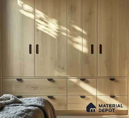 Natural Oak Wooden Laminate Wardrobe for Bright Minimalist Bedroom | Material Depot