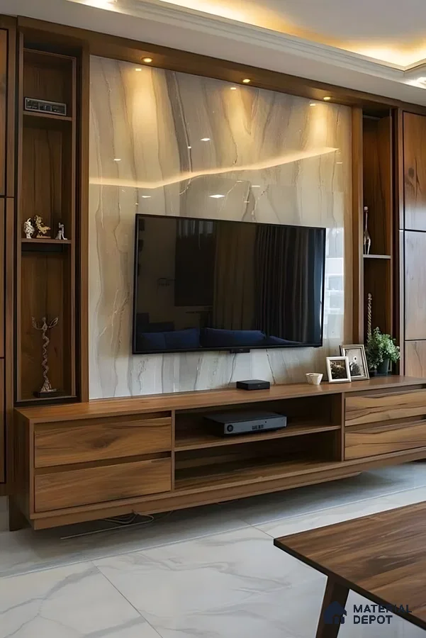 Natural Walnut Harmony With Subtle Marble Backdrop | Material Depot