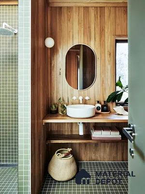 Natural Wood Bathroom with Green Tiled Shower | Material Depot