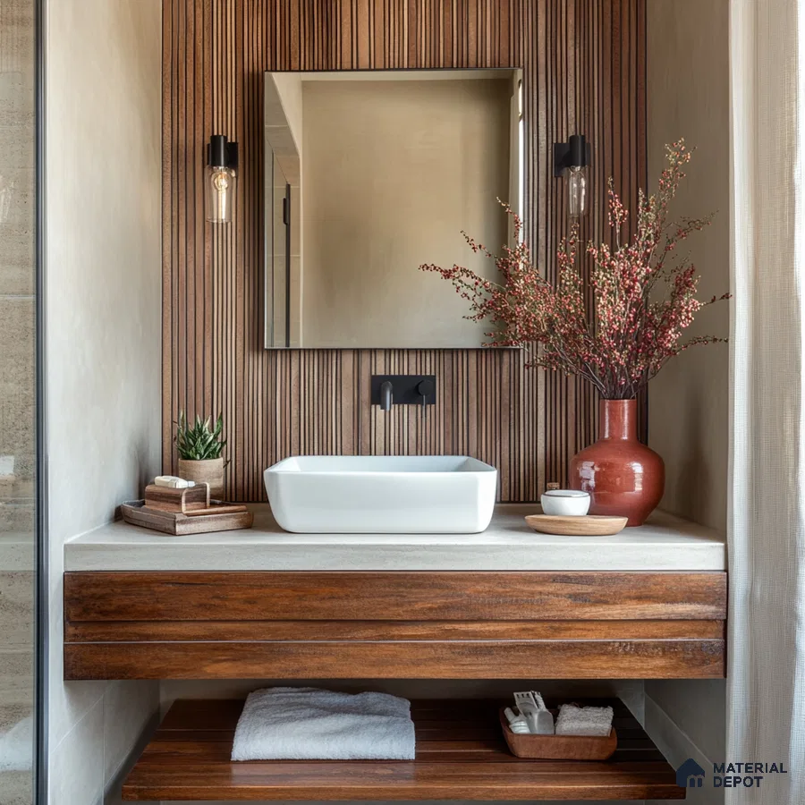 Natural Wood Bathroom with Modern Floating Vanity and Vessel Sink | Material Depot