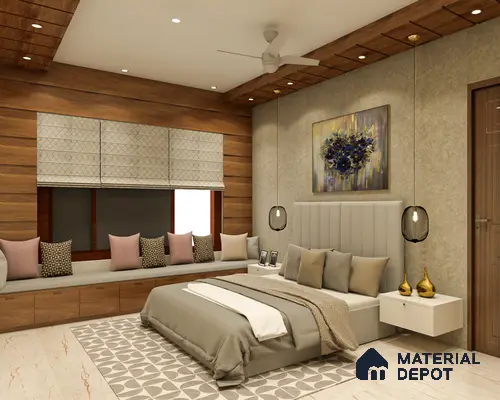 Contemporary bedroom with wooden textures, soft rug, and a harmonious brownish color theme.