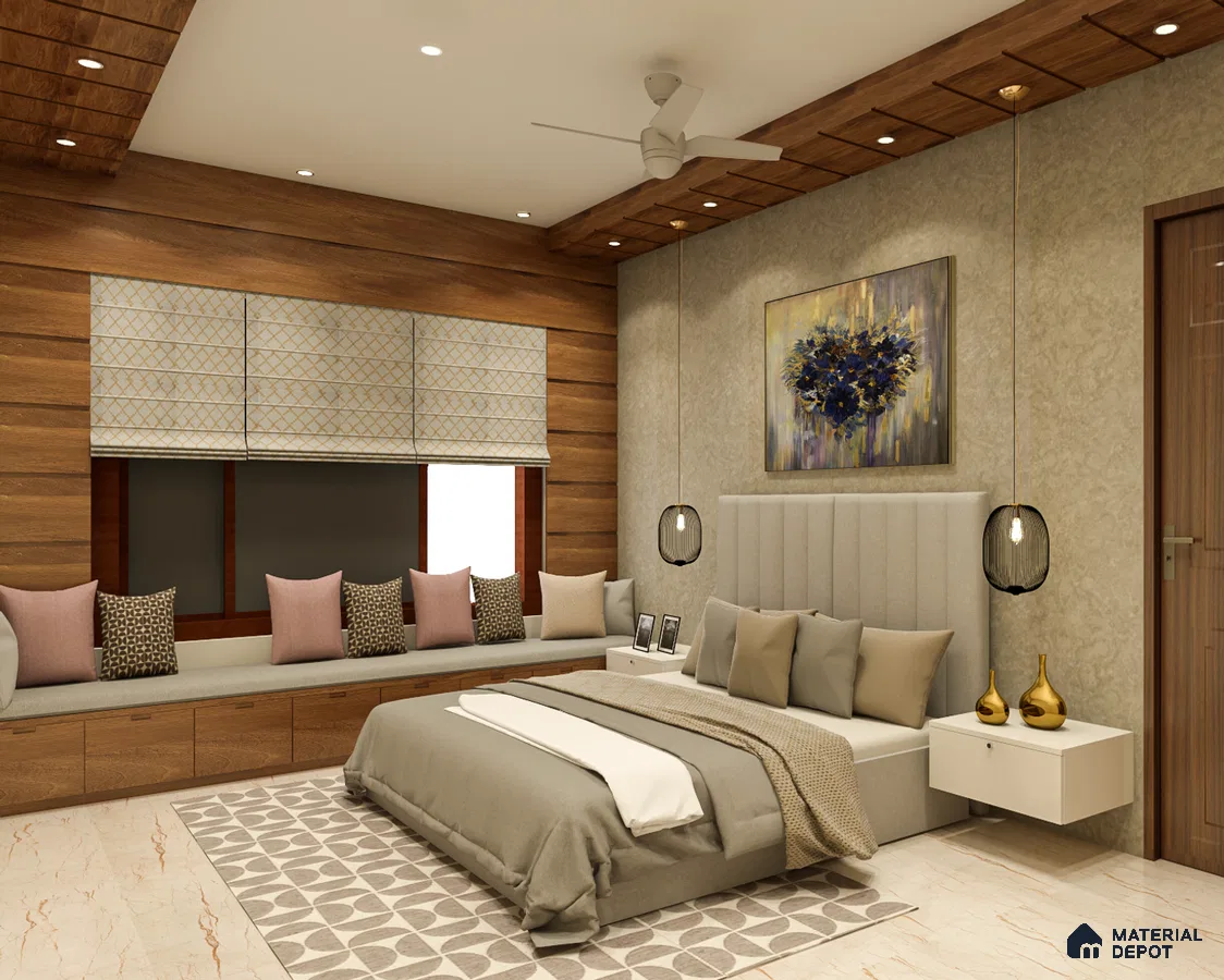 Contemporary bedroom with wooden textures, soft rug, and a harmonious brownish color theme.