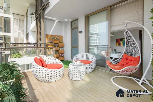 Modern balcony with wooden wall planter and stylish furnishings.