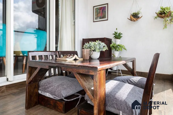 Wooden Balcony Oasis: Nature's Tranquility with Cushioned Seating