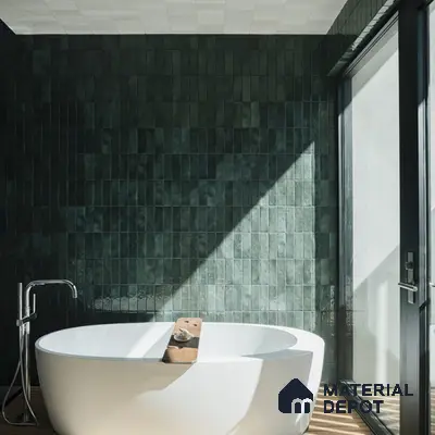 Naturalelegance Dark Green Tiles and Sunlit Serenity in Bathroom | Material Depot