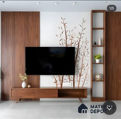 Nature-Inspired Walnut Tv Wall With Bamboo Motif | Material Depot