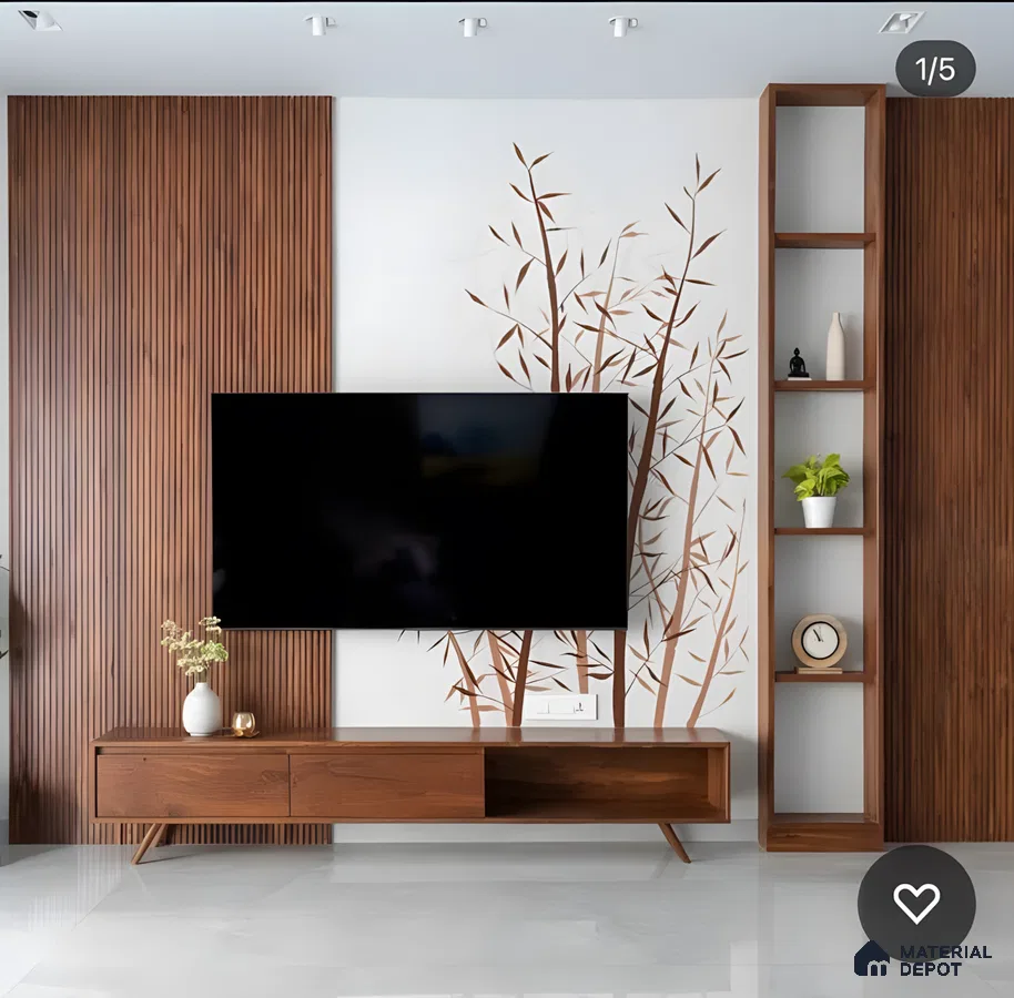Nature-Inspired Walnut Tv Wall With Bamboo Motif | Material Depot