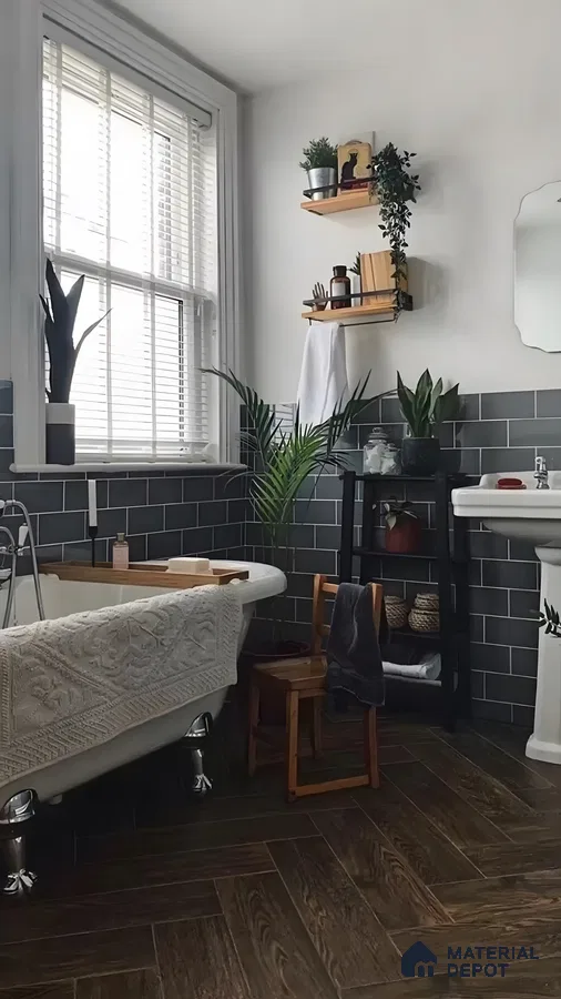 Nature-Inspired Bathroom Retreat Highlighting Dark Wood Tones and Greenery | Material Depot