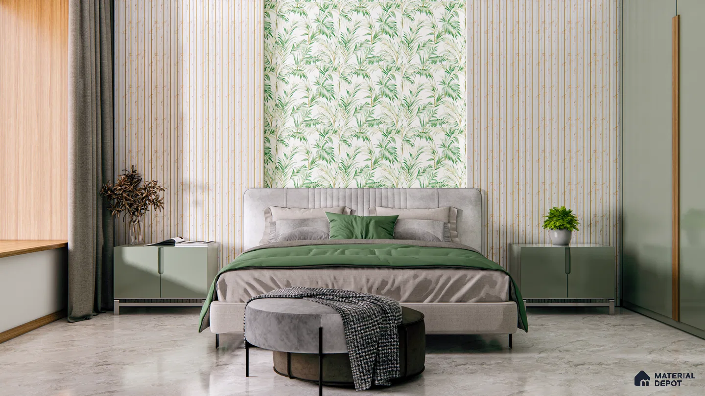 Nature-Inspired Bedroom with Green Accents and Fluted Wall Panels | Material Depot