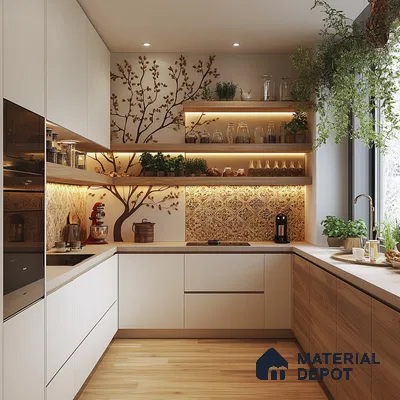 Nature-Inspired Kitchen with Floral Backsplash and Wooden Finishes | Material Depot
