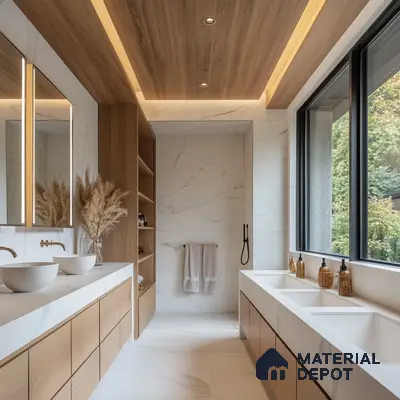 Nature-Inspired Luxury: Bright and Airy Bathroom with Wood Accents and Marble Details | Material Depot