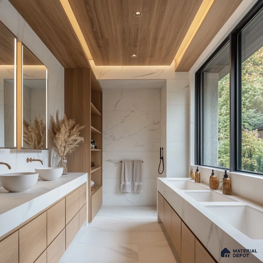Nature-Inspired Luxury: Bright and Airy Bathroom with Wood Accents and Marble Details | Material Depot
