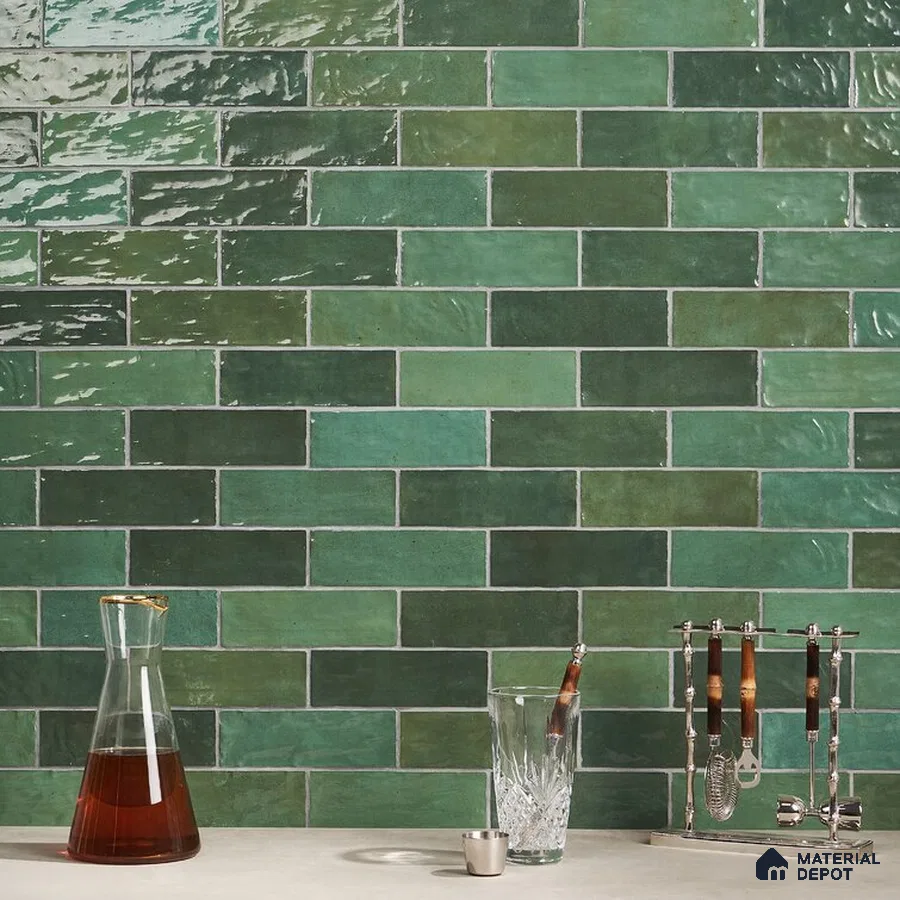 Nature's Retreat Green Horizon Tiles and Crisp White Elegance in Bathroom | Material Depot