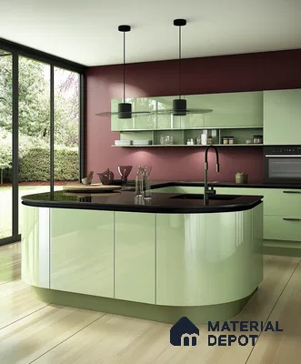 Nature-View Curved Kitchen with Burgundy and Green Palette | Material Depot