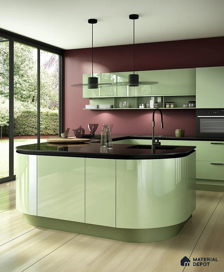 Nature-View Curved Kitchen with Burgundy and Green Palette | Material Depot