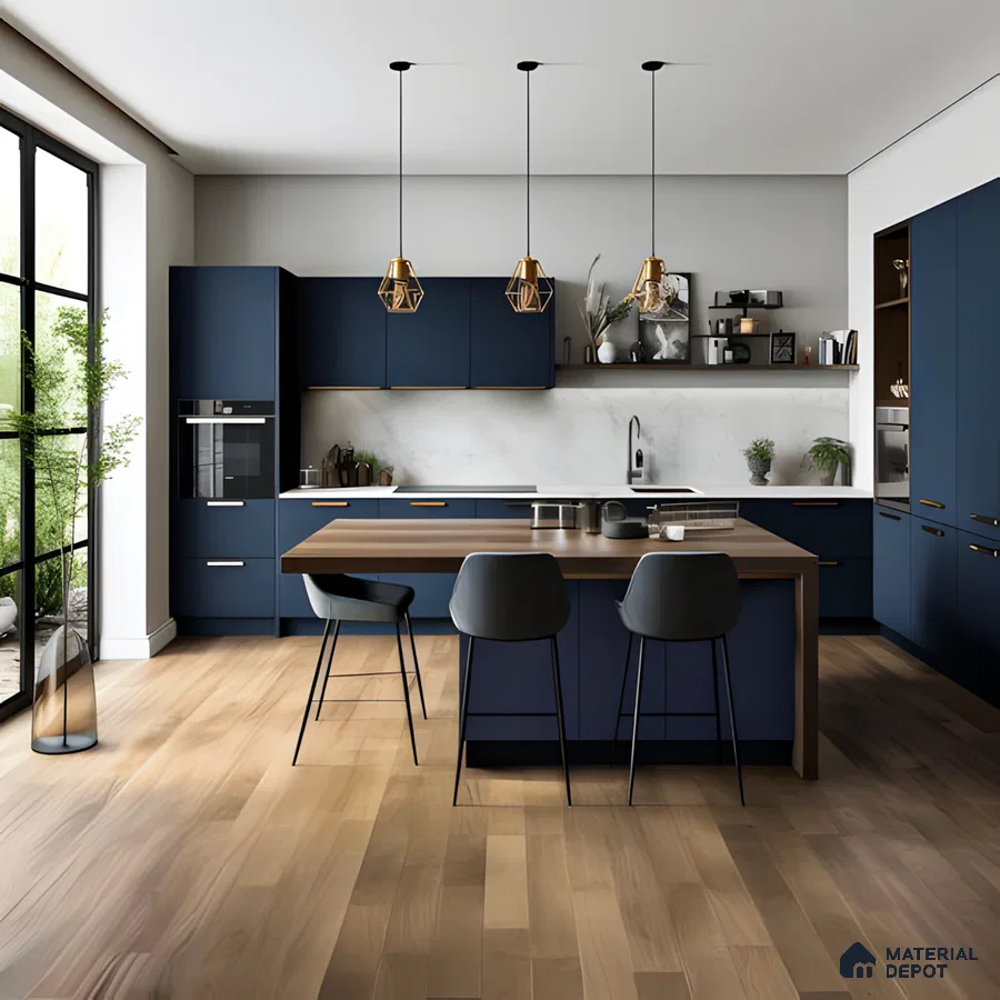 Navy Blue Kitchen With Wooden Accents | Material Depot