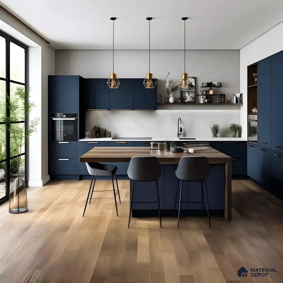 Navy Blue Kitchen With Wooden Accents | Material Depot