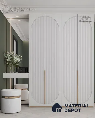 Neoclassical Wardrobe With Fluted Arched Panels, Gold Handles, And Painted Wood Finish | Material Depot