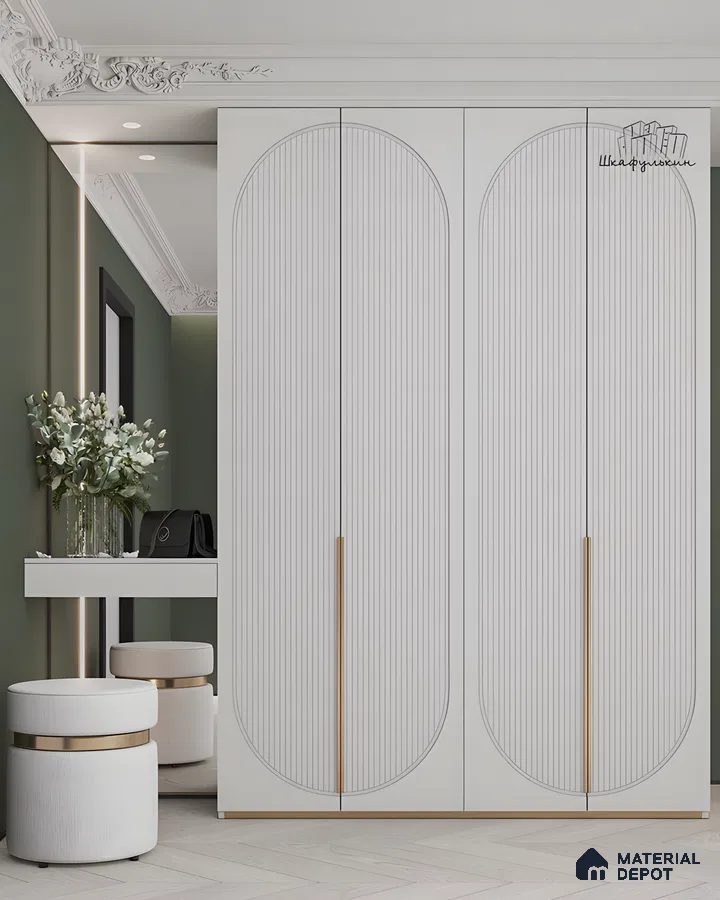 Neoclassical Wardrobe With Fluted Arched Panels, Gold Handles, And Painted Wood Finish | Material Depot