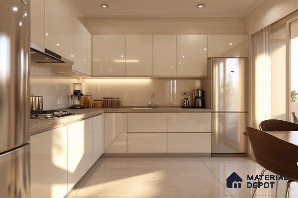 Neutral Glossy Kitchen with Bright Interiors and Minimalist Layout | Material Depot