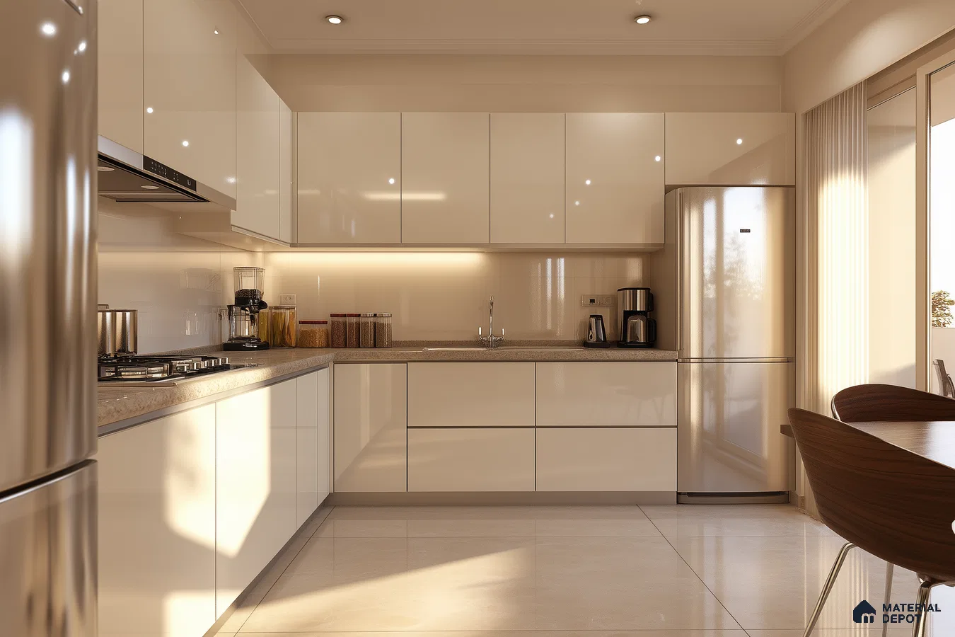 Neutral Glossy Kitchen with Bright Interiors and Minimalist Layout | Material Depot