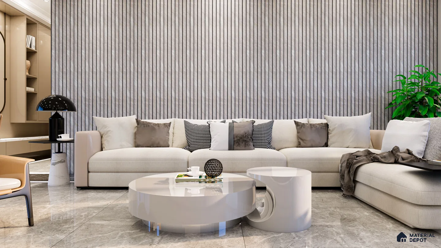 Neutral Living Room with Grey Fluted Panels and Modern Glossy Accents | Material Depot