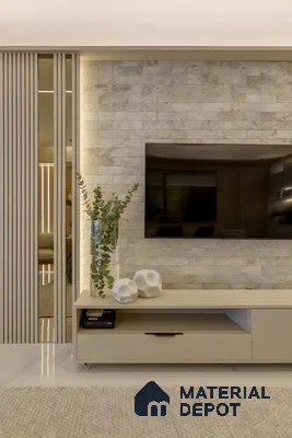Neutral Stone Tile Tv Wall With Soft Lighting And Minimal Decor Accents | Material Depot