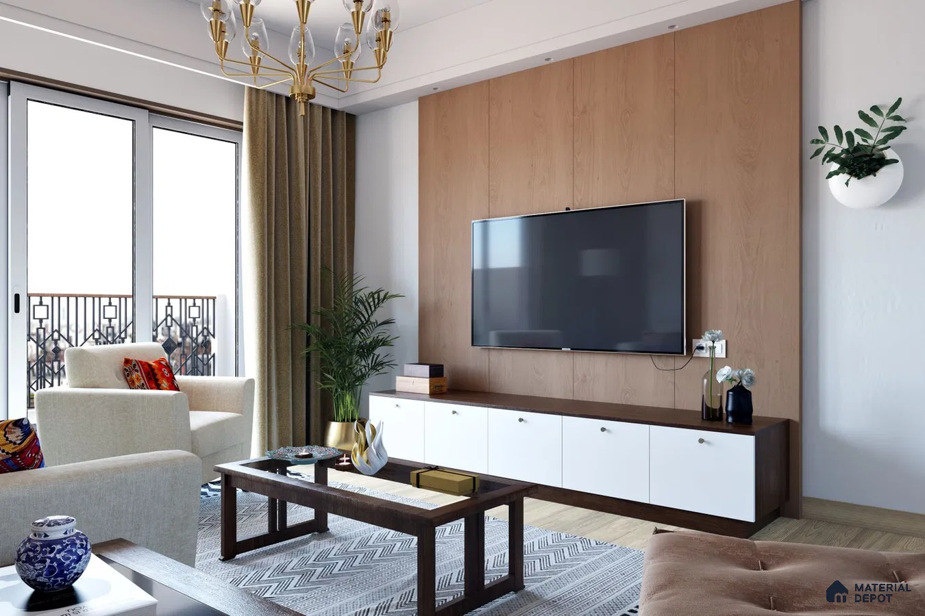 Scandinavian TV Unit with Wooden Panel.