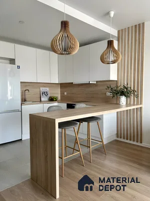 Nordic Minimalist Kitchen With White Cabinets, Oak Accents & Sculptural Wooden Lighting | Material Depot