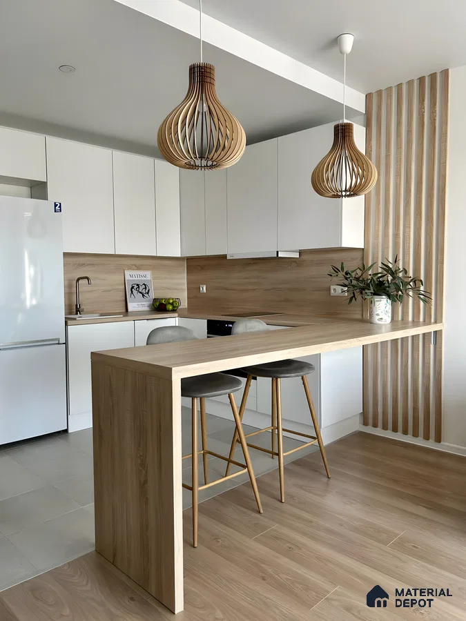 Nordic Minimalist Kitchen With White Cabinets, Oak Accents & Sculptural Wooden Lighting | Material Depot