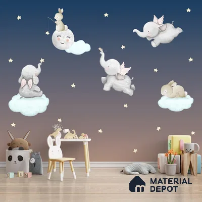 A close-up of a Cute Elephants and Bunnies in Nursery Kids Room Wallpaper Sparkla N Shine Series Entertainment Design (Customised Size Wallpaper) with a finish available at Material Depot in Bangalore