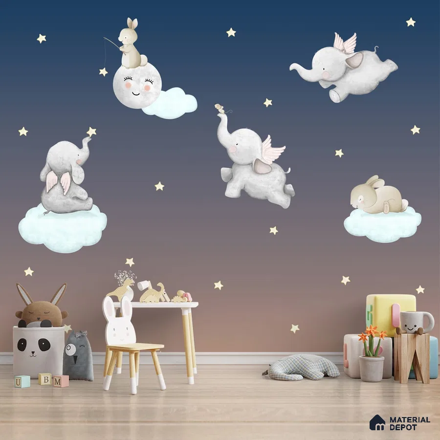 A close-up of a Cute Elephants and Bunnies in Nursery Kids Room Wallpaper Sparkla N Shine Series Entertainment Design (Customised Size Wallpaper) with a finish available at Material Depot in Bangalore