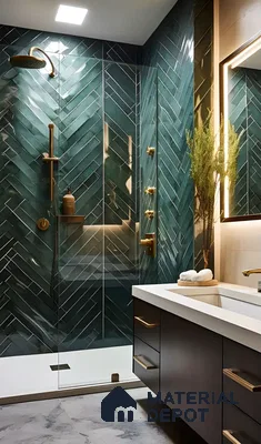 Modern Green Herringbone Tile Shower with Sleek Design | Material Depot
