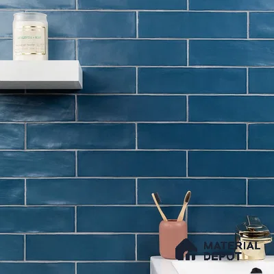 Oceanic Elegance Blue-Tiled Wall with White Vanity and Gold | Material Depot