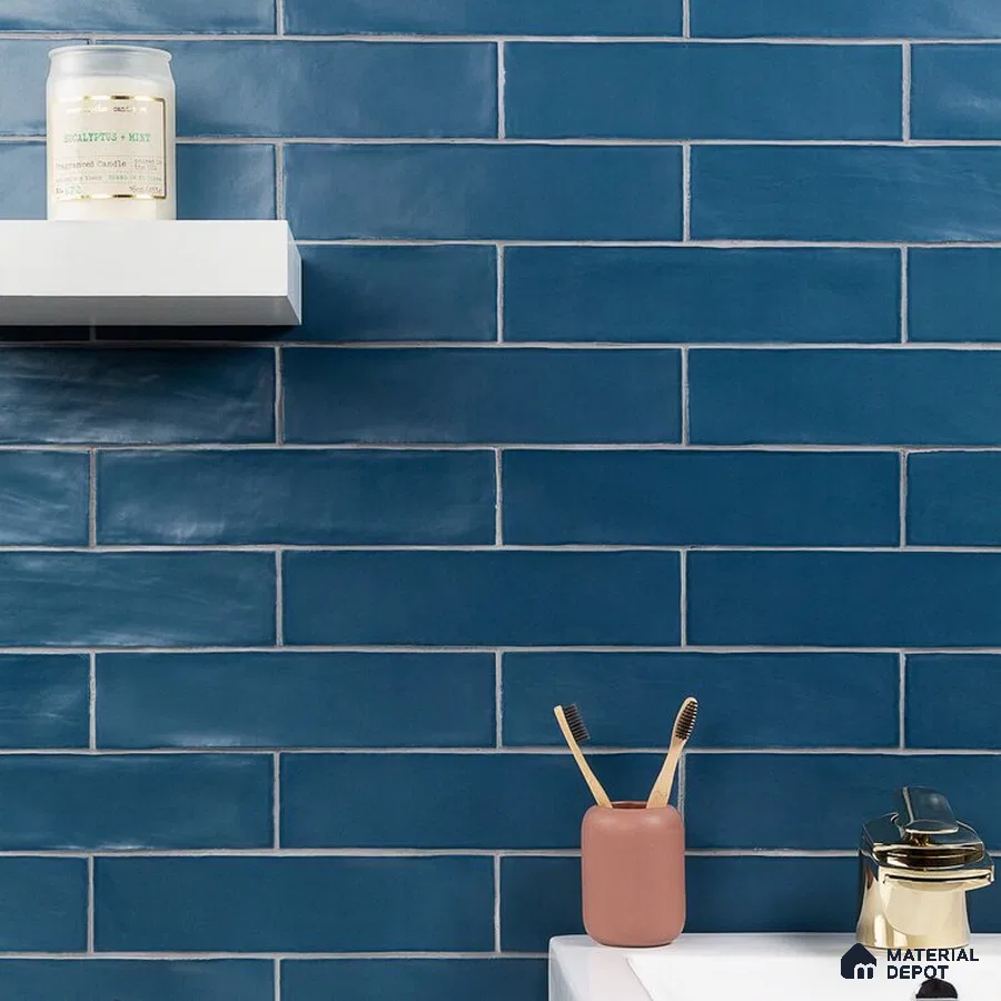Oceanic Elegance Blue-Tiled Wall with White Vanity and Gold | Material Depot