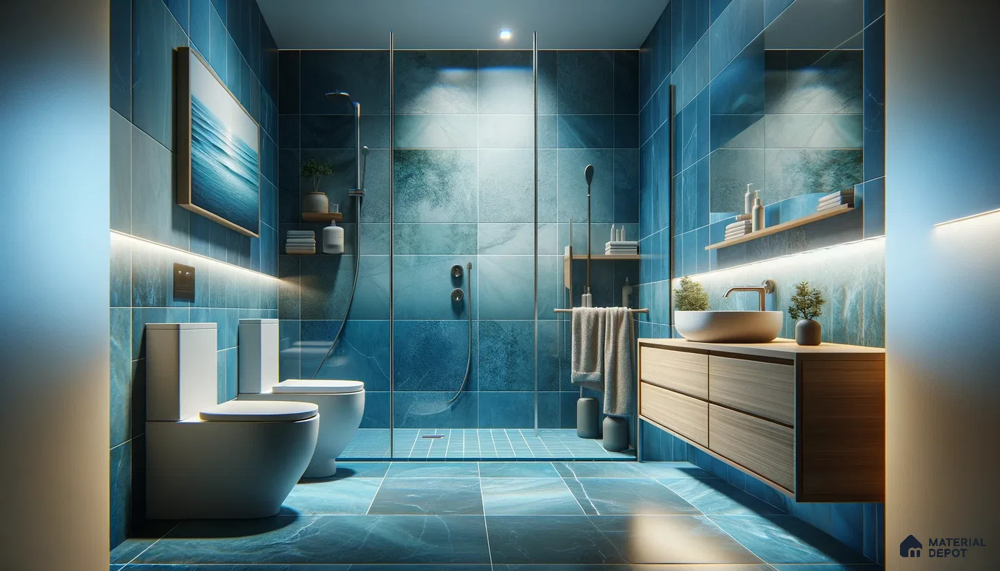Oceanic Serenity in Minimalist Bathroom with Dynamic Patterned Tile Design | Material Depot