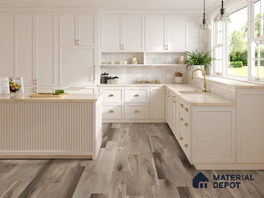 Kitchen with white cabinets and white tiles