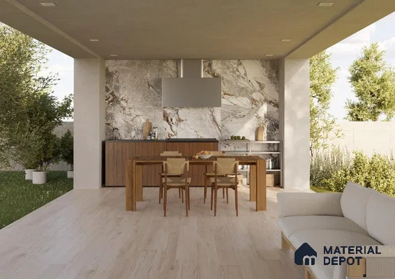 Outdoor space with golen tiles and beige laminate finish