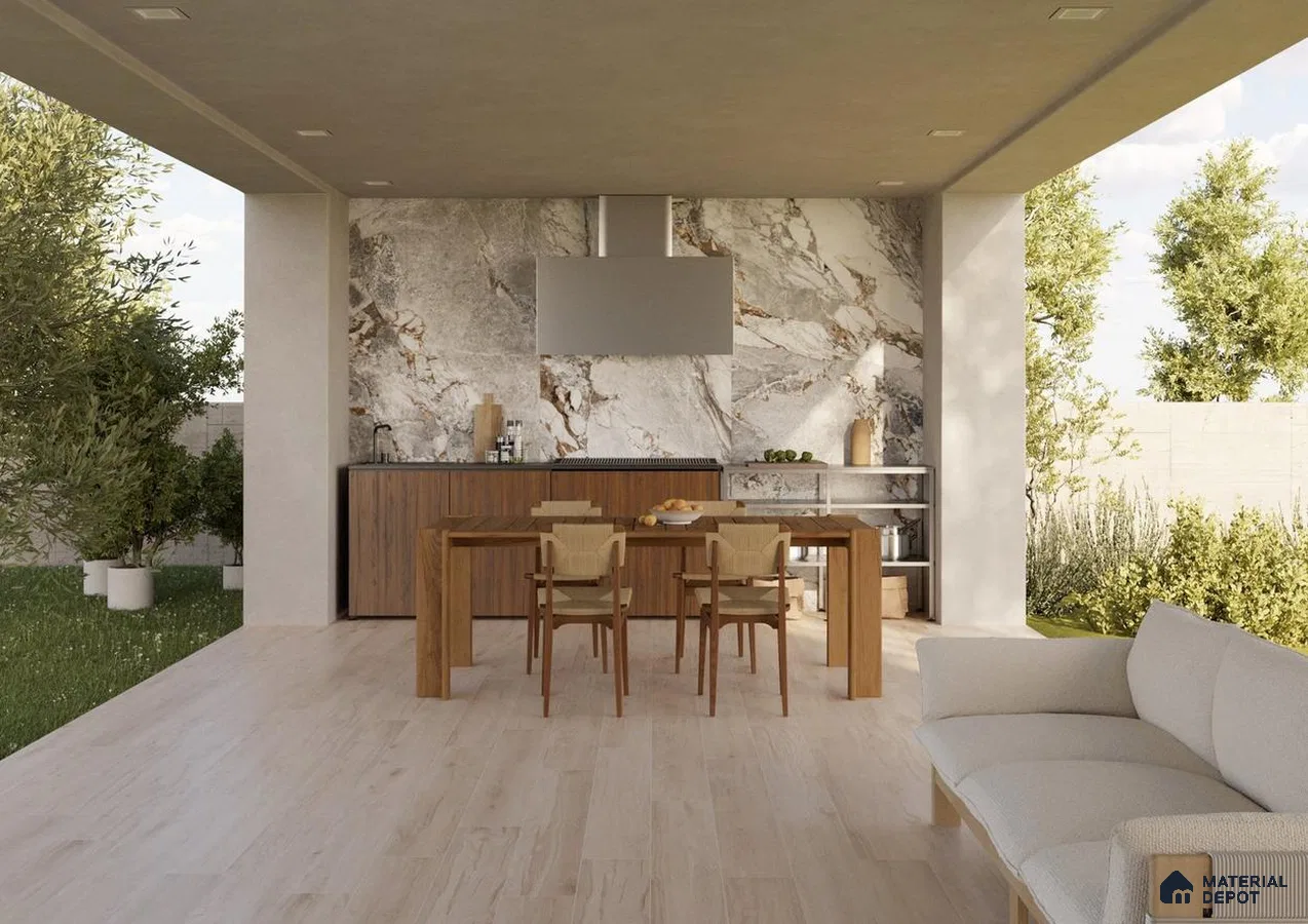 Outdoor space with golen tiles and beige laminate finish